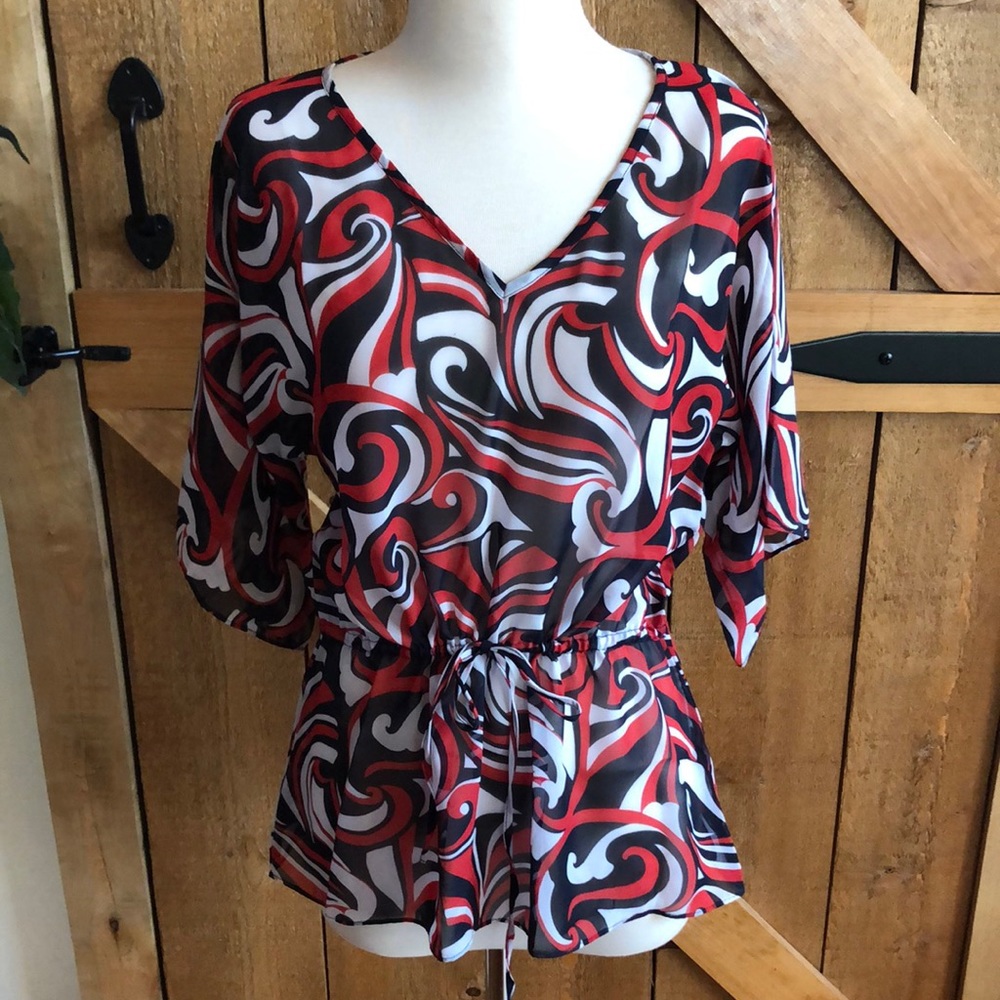 Womens CHAPS Red White Blue Polyester Semi Sheer Tunic Elastic Waist. Size M